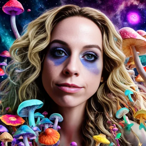 Prompt: Psychedelic girl with long blond curly hair in outer space, surrounded by colorful magic mushrooms, wearing mushrooms in her hair, psilocybe cubensis, trippy hallucinations, vibrant colors, surreal atmosphere, detailed hair with psychedelic reflections, highres, vibrant art style, cosmic lighting, psychedelic, hallucinatory, colorful, surreal, detailed hair, space, outer space, vibrant colors, vibrant art style, trippy visuals