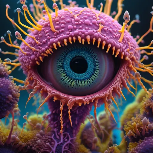 Prompt: extremely hyperrealistic living sentient trippy psychedelic slime mold creature, slime mold monster, slime mold being,  crazy trippy psychedelic human eyes, mouth, Plasmodium, pseudopodium, sporangia, sporocarp, sclerotium, amoeboid, acellular, protoplasmic, foraging, network, cytoplasmic streaming, fruiting body, spores, germination, aphanoplasmodium, phaneroplasmodium, myxamoebae, flagellate, zygote, meiosis, mitosis, phagocytosis, chemotaxis, thigmotaxis, phototropism, saprophytic, decomposer, saprotrophic, slime trail, aggregation, extremely high detail, extreme high texture<mymodel> clear, transparent, translucent, rainbow sheen soap bubble effect, white, light pastel colors
 