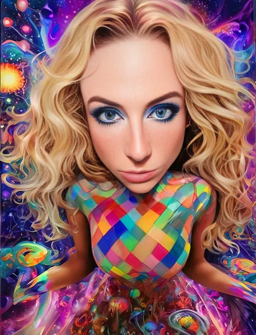 Prompt: Blonde girl with long, curly hair, psychedelic mushroom wonderland, psilocybin, DMT, trippy hallucinations, fractals, multidimensional geometry, auras, vibrant and surreal, high quality, surreal art, colorful, vibrant lighting, holograms, grid lines of the universe, underlying geometric structure of reality