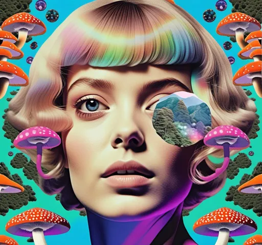 Prompt: a psychedelic collage reminiscent of 70s psychedelic sci fi collage artwork celebrating a girl on mushrooms. It is to feature a photograph of a woman with blond curly hair that is edited by splicing it with other images from photographs, magazines, newspapers, illustrations/paintings to create the impression she is high on magic mushrooms. The work will include such elements as a psychedelic 3rd eye open, stars and planets, trippy optical illusions and patterns, psilocybin cubensis mushrooms, fractals, UFOs, aliens, geometric shapes, auras, rainbow spectrums, sacred geometry, trippy drippy stuff, psychedelic hallucinations, open eyes, landscapes of astral worlds<mymodel>