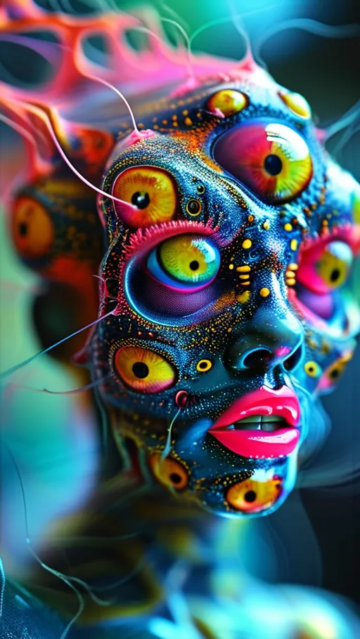 Prompt: an extremely hyper realistic ultra super textural weird trippy surreal psychedelic entity, Cardioid Curves, ,,, translucent, pearlescent finish, silver, pyrite, quartz,, clear, bright vivid teals, blues, pinks/yellows/greens, black charcoal, lots and lots of light, lots of crazy colorful compound psychedelic human eyes, rows of human teeth, fungus,  atoms, diatoms,, Cardioid Curves