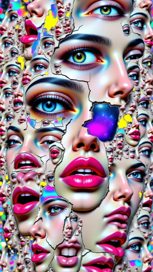 Prompt: ultra hyperrealistic surreal portrait of a beautiful woman mid-reactive glitch, face shattered and reassembled through multiple glitch types, frozen in time, glitches forming the fractures and multiplication of her features, pixel sorting streaks pulling eyes and lips across space, datamosh smears blending fragments of skin and hair, VHS signal tears bisecting features, compression artifact mosaics scattering facial geometry, RGB channel splits with exaggerated chromatic aberration halos, recursive duplicates of eyes and mouths aligned along glitch trails, warped geometric symmetry partially breaking into chaos, bright acidic saturated colors intertwined with soft dreamy pastels, iridescent shimmer over black and white optical illusion patterns, metallic and holographic highlights catching in every fractured shard, soft pearlescent gradients contrasting with high-contrast glitch lines, skin hyper-detailed with sharp texture and reflective microfacets, light bending around fragments like a prism, impossible anatomy flowing with glitch logic, surreal but crisp and sharp, zero painterly softness, an intricate realm of broken beauty