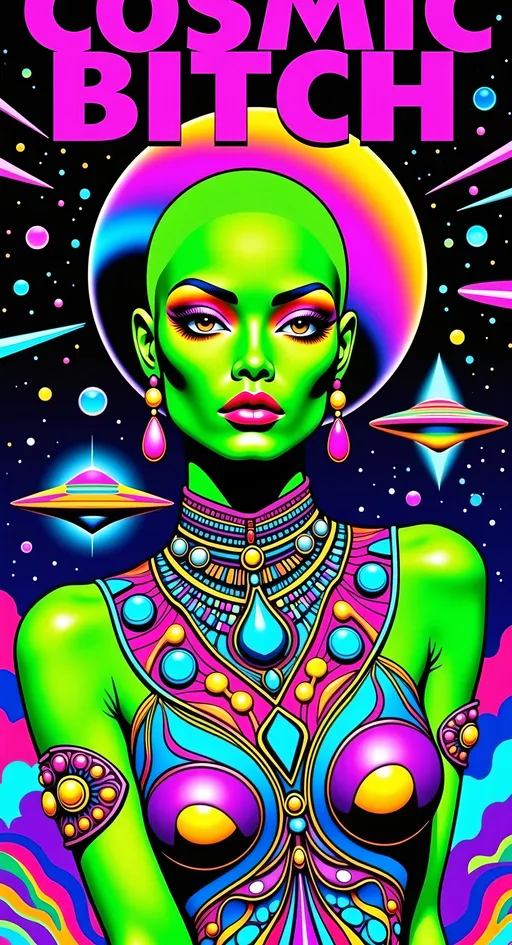 Prompt: **Cosmic Bitch - AI Art Prompt**

Create an artwork featuring the phrase "Cosmic Bitch" in a bold, sassy, girly futuristic tech font. The centerpiece is a stunning green-skinned alien female with a large somewhat conical shaped bald head & large solid black almond shaped eyes, exuding sass and confidence, dressed in avant-garde high fashion with a futuristic twist. Her ensemble is adorned with intricate accessories that scream alien chic.

Incorporate a vibrant UFO hovering in the scene, brimming with colorful lights that dance across the canvas. The background is a bustling outer space landscape, complete with an alien planet, swirling asteroids, and cosmic wonders. Alien glyphs are subtly woven into the design, adding an enigmatic touch.

The entire scene is a whirlwind of activity, filled with intricate details that draw the eye to every corner. From the tiniest star to the grandest asteroid, let no space go unadorned. The result is a masterpiece of cosmic chaos and extraterrestrial elegance.

Now, go forth and let your AI art creation shine in all its interstellar glory! 🌌👽✨