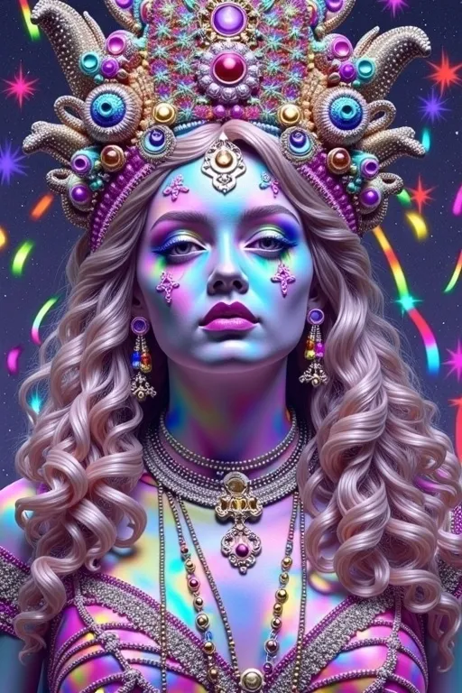 Prompt: Create a super hyperrealistic, finely detailed psychedelic Nouveau illustration of a Cosmic Jester. Feature the word MERRYPRANXTERworked organically into the background somehow.  This enchanting character is a merry prankster of the cosmos, an astral jokester dancing through time and space. She exudes a jester vibe, wearing feminine holographic jester attire & makeup with a feminine, harlequin twist. Not human, but humanoid, she is crafted from vibrant colored light, embodying an extra-dimensional extraterrestrial essence. Her presence is a beacon of joy, as she laughs and twirls through the cosmic astral realms, elevating vibes wherever she roams. 

Her beauty is otherworldly, with long, curly hair that shimmers like a cascade of colored light, appearing blonde yet transcending earthly hues. Her eyes sparkle with mischievous wisdom, and her attire is a dazzling array of intricate patterns and swirling colors, reminiscent of both jester garb and celestial phenomena.

Incorporate the text "the merrypranxter" above her in smaller, elegant lettering, seamlessly blending into the cosmic background. This text should capture the essence of her playful spirit, as if it were a whisper from the universe itself. The illustration should radiate her vibrant energy, portraying her as a timeless wanderer spreading joy and wonder throughout the cosmos.