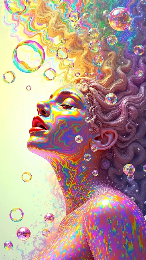 Prompt: A super hyperrealistic yet also illustrative and creative female cosmic jester, made entirely of swirling pure colored light, with long wild curly hair that appears blond but dazzles in a kaleidoscope of hues. She is adorned in avant-garde "astral" jester attire, with intricate clown makeup and a radiant jester's hat. She floats upside down, juggling orbs of liquid starlight that pulse and shimmer with each toss, her laughter echoing like celestial chimes. Around her, a nebula unfurls like a living tapestry, its vibrant blues, greens, and golds twisting into fractal shapes. Streams of glowing cosmic threads weave through the scene, connecting the orbs in dazzling patterns. **Pattern Tiling**: Tessellated Stars. **Quantum**: Quantum Flux. **Math Function**: Sine Waves. **Astral Stuff**: Cosmic Threads, Stellar Winds, Photon Glows. A surreal, psychedelic moment of cosmic playfulness and infinite wonder.