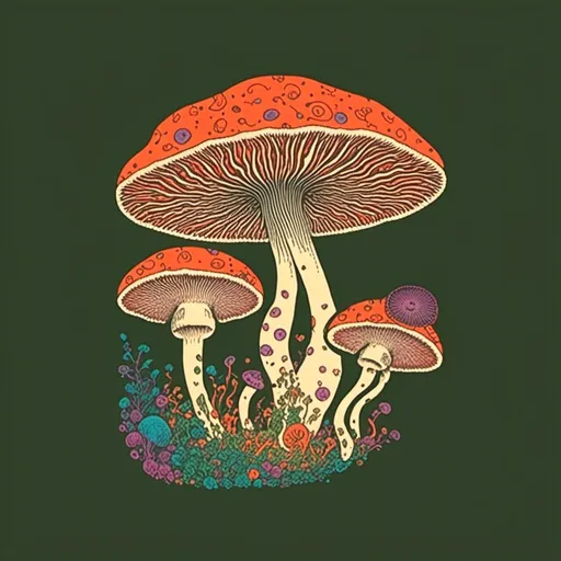 Prompt: <mymodel>Vintage 70s psychedelic poster art illustration, mushrooms, fungus, vibrant and trippy colors, detailed psychedelic patterns, retro art style, high quality, vintage, 70s, psychedelic, vibrant colors, detailed patterns, retro, trippy, fungus, mushrooms, detailed illustration, poster art, atmospheric lighting- psilocybin cubensis, turkeytail, stinkhorn, puffball, earthstar, herecium, parisol mushroom