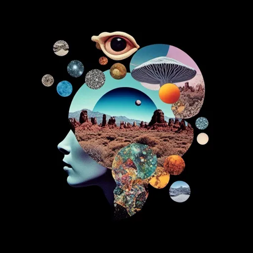 Prompt: <mymodel>surreal Psychedelic collage of spliced photographs, mushrooms, eyes, crystals, alien landscapes, desert landscapes, mountain landscapes, space, planets, orbs, psychedelic patterns, geometric shapes, optical illusions, highres, ultra-detailed, surreal, psychedelic, vibrant colors, cosmic, intricate details, surrealistic, dreamy lighting