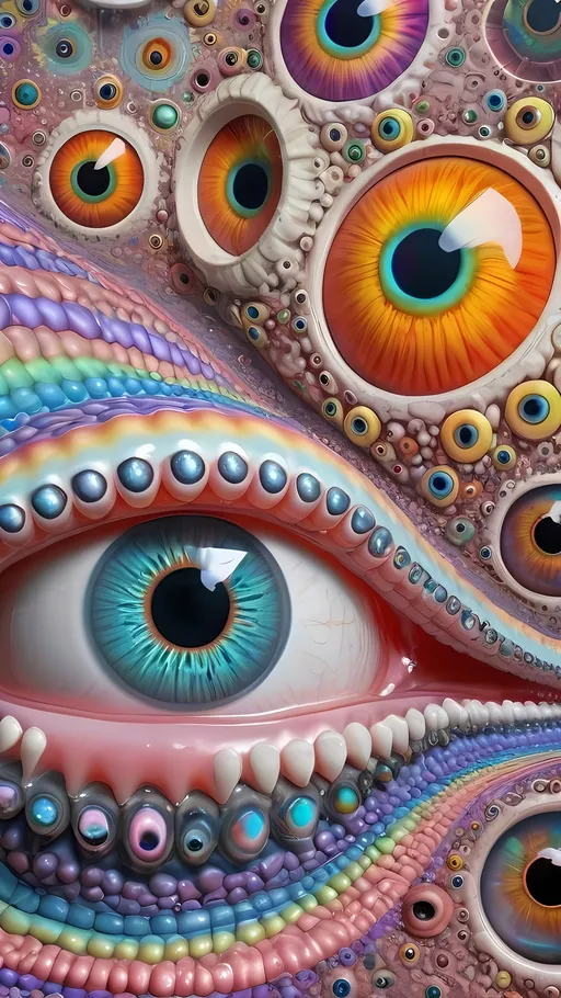 Prompt: an extremely hyper realistic ultra super textural weird trippy surreal psychedelic entity, Peano Curve, apollonian gaskets, catenoids, white, translucent, clear, bright bright feminine pastel colors, oil slick rainbow sheen effect, lots and lots of light, lots of crazy colorful compound psychedelic human eyes, rows of human teeth, fungus, atoms, diatoms, enneper sufaces, apollonian gaskets, Peano Curve