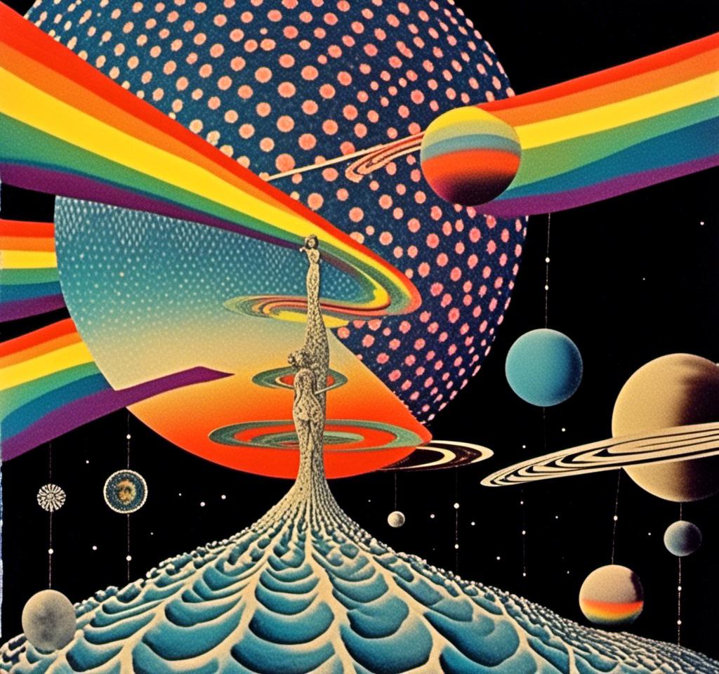 Prompt: A vintage 70s psychedelic collage with the theme “astral vacation”- incorporate themes of astral projection, the astral plane, the silver cord, use an astral brilliantly but sometimes muted opalescent color palette, & combine it all with planets, orbs, optical illusions and psychedelic trippy patterns, color spectrums as a surreal vintage psychedelic collage<mymodel>