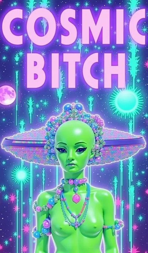 Prompt: **Cosmic Bitch - AI Art Prompt**

Create an artwork featuring the phrase "Cosmic Bitch" in a bold, sassy, girly futuristic tech font. The centerpiece is a stunning green-skinned alien female with a large somewhat conical shaped bald head & large solid black almond shaped eyes, exuding sass and confidence, dressed in avant-garde high fashion with a futuristic twist. Her ensemble is adorned with intricate accessories that scream alien chic.

Incorporate a vibrant UFO hovering in the scene, brimming with colorful lights that dance across the canvas. The background is a bustling outer space landscape, complete with an alien planet, swirling asteroids, and cosmic wonders. Alien glyphs are subtly woven into the design, adding an enigmatic touch.

The entire scene is a whirlwind of activity, filled with intricate details that draw the eye to every corner. From the tiniest star to the grandest asteroid, let no space go unadorned. The result is a masterpiece of cosmic chaos and extraterrestrial elegance.

Now, go forth and let your AI art creation shine in all its interstellar glory! 🌌👽✨