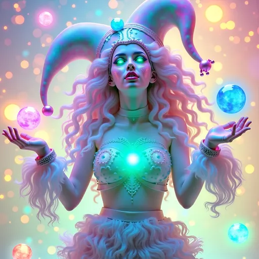 Prompt: A super hyperrealistic yet also illustrative and creative female cosmic jester, made entirely of swirling pure colored light, with long wild curly hair that appears pink but is a dazzling spectrum of hues shimmering beneath the surface. She is adorned in beautiful avant-garde "astral" jester's attire, complete with intricate clown makeup that glimmers like stardust and a definitive jester's hat adorned with miniature galaxies that orbit its tips. Her ensemble includes exquisite accoutrements—ornate cosmic bangles that hum with the resonance of distant quasars and an ethereal cape that flows like liquid auroras. She sparkles, shines, and dazzles in a mesmerizing swirl of ever-changing colors, embodying the essence of cosmic whimsy and wonder. Perched atop an enormous, spinning Möbius strip made of liquid starlight, she juggles glowing quantum orbs that flicker between states of existence, each orb containing a miniature universe that pulses with fractal patterns. The background is a psychedelic tapestry of hyperdimensional geometry, where constellations rearrange themselves into impossible shapes, and stars pulse to the rhythm of an unheard cosmic melody. Fractal tessellations resembling Escher-like infinity loops cascade through the scene, while quantum entanglement trails connect her juggling orbs in a dance of light. Möbius transformations ripple through the liquid starlight, creating endless loops of brilliance, as pulsating nebulas, astral winds swirling with cosmic dust, and shimmering auroras flow like liquid silk across the infinite expanse.