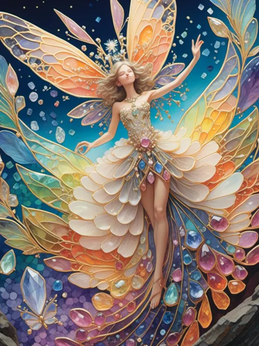 Prompt: <mymodel>Fairies crafted from gemstones, sparkling and ethereal, magical aura, high quality, detailed, fantasy, jewel-like textures, radiant glow, surreal, enchanting, pastel tones, soft and luminous lighting, ultra-detailed, mystical beings, shimmering wings, intricate design, whimsical, dreamlike