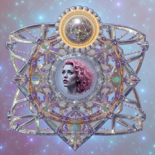 Prompt: A surreal, ultra hyperrealistic and holographically-illustrated astral being composed entirely of sacred geometry, multidimensional math, and living light. Her core is a rotating rhombic dodecahedron, each face shifting with pulsating non-Euclidean curvature and swirling hyperbolic Poincaré disk geometry. Her outer form is a radiant humanoid goddess of light and symmetry—feminine in silhouette but composed of morphing Penrose tilings, Mandelbrot fractals, and Julia set spirals that animate like sacred tattoos across translucent crystalline skin. Her joints and spine shimmer with visible golden ratios (φ)—Fibonacci curves flow along her limbs as lines of glowing math.

Her skin gleams with an oil-slick iridescent sheen, created from thin-film interference layers refracting cosmic light in neon chromatics and pastel spectrums. Behind her head spirals a glowing Calabi–Yau manifold, housing her higher-dimensional thoughts like a living halo of curled 6D space. She floats midair in a dark astral void, surrounded by golden E₈ lattices spinning like emotion-bound sigils. Fractal Hilbert curves coil through the scene like recursive memory strands.

In the glinting surface of one geometric plane—like a polished mirror or event-horizon shell—there appears a soft, ghostlike reflection: a loosely human female form with wild curly pink hair, glowing blue eyes, and pale porcelain skin, suspended between dimensions. This is her source, her soul-layer, rendered like a memory in mathematical glass.

The entire scene pulses with sacred light, chaos-theory echoes, and recursive depth. Style is ultra hyperrealistic, with holographic layers, soft rainbow neon against black, a mix of cosmic sacred-geometry surrealism and mathematical divine-machine beauty. Medium is a blend of 3D-rendered light sculpture and high-definition fractal illustration