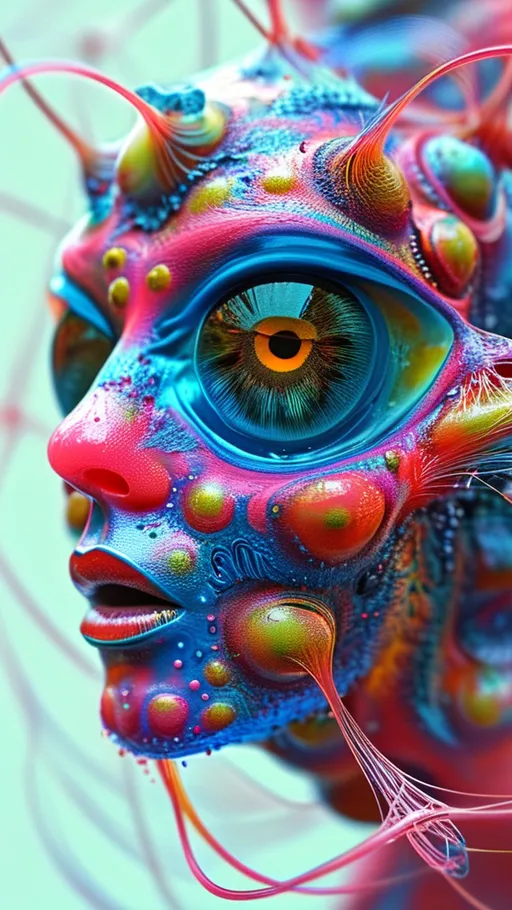 Prompt: an extremely hyper realistic ultra super textural weird trippy surreal psychedelic entity, Cardioid Curves, ,,, translucent, pearlescent finish, silver, pyrite, quartz,, clear, bright vivid teals, blues, pinks/yellows/greens, black charcoal, lots and lots of light, lots of crazy colorful compound psychedelic human eyes, rows of human teeth, fungus,  atoms, diatoms,, Cardioid Curves