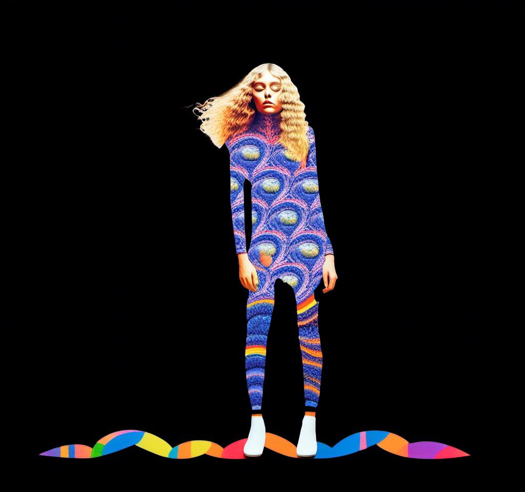 Prompt: A psychedelic collage featuring a photograph of a woman with blond curly long hair. The photo is cut and spliced with other photos - of cats, eyes, body parts, roads, landscapes, trippy optical illusion patterns, pickles, hamburgers, realistic  desert, alien  landscapes, geometric shapes etc in such a way that she has a psychedelic open third eye, in a psychedelic cut and paste collage <mymodel>