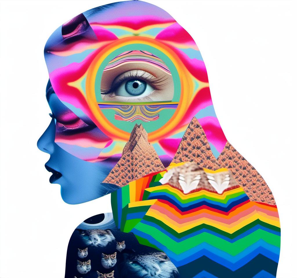 Prompt: A psychedelic collage featuring a photograph of a woman with blond curly long hair. The photo is cut and spliced with other photos - of cats, eyes, body parts, roads, landscapes, trippy optical illusion patterns, pickles, hamburgers, realistic  desert, alien  landscapes, geometric shapes etc in such a way that she has a psychedelic open third eye, in a psychedelic cut and paste collage <mymodel>