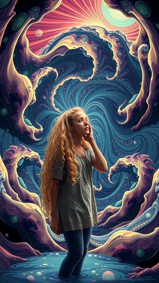 Prompt: A psychedelic ego death experience. A girl with long blond curly hair on psychedelics hallucinating herself melting into fractals, being sucked into an infinite swirling subterranean underground angry chaotic roiling ocean of pure fractals geometry.  She melts, and becomes one with the ocean, becoming fractals herself and experiencing being one with everything in the universe, seeing it all from every point of view, before forming into human again over and over. Fractal geometry ocean, waves, currents, riptide, flowing, churning, underground cave 