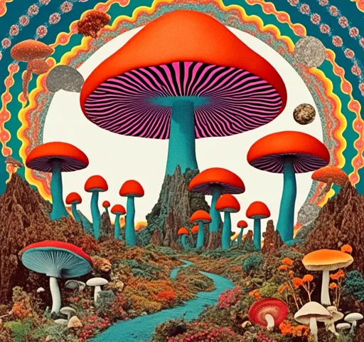 Prompt: <mymodel>Retro psychedelic collage of vibrant, 70s-inspired fungus, mushrooms, vibrant colors and patterns, surreal collage cut and paste composition, landscapes, trippy patterns, optical illusions, planets vintage analog texture, high quality, retro, psychedelic, vibrant colors, surreal, vintage, analog texture, detailed patterns, artistic