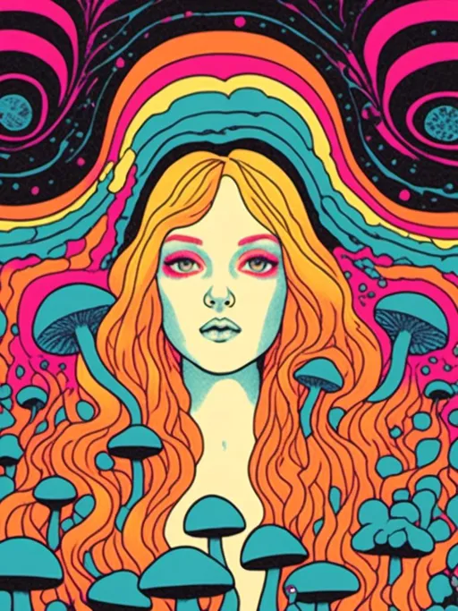 Prompt: <mymodel>Psychedelic poster illustration of a girl with long, curly blond hair, solid black cat, trippy mushrooms, vibrant colors, high-quality, poster art, surreal, detailed hair, psychedelic, detailed cat, colorful, vibrant, surreal, professional lighting