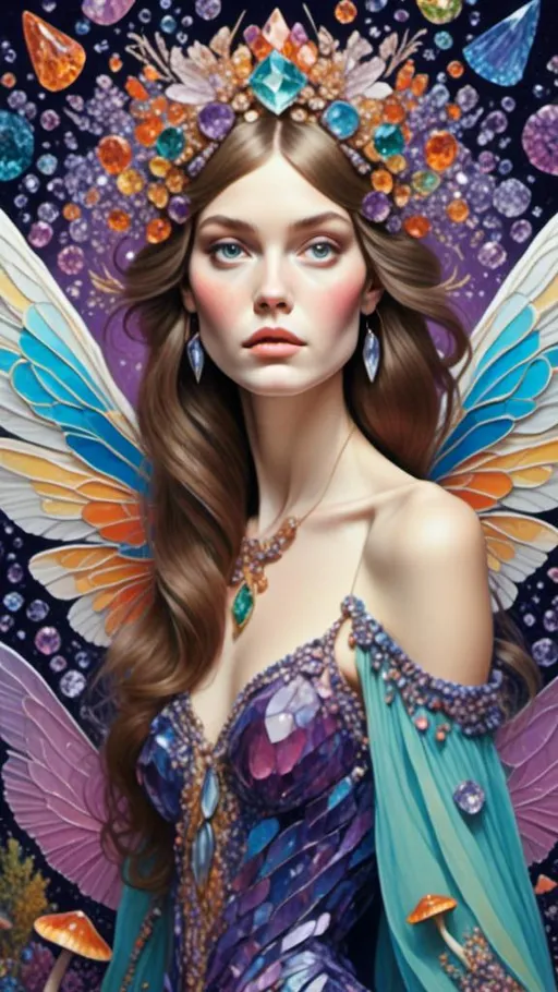 Prompt: <mymodel>Beautiful fairy made of gemstones and crystals, mushroom and crystal theme, inlaid gemstone and crystal details, high quality, fantasy, magical, vibrant colors, ethereal lighting, detailed wings and hair, jewel-toned, sparkling, enchanting atmosphere, whimsical, fantasy illustration, intricate details