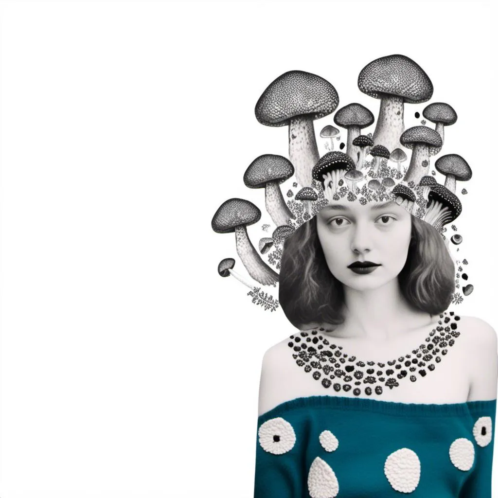 Prompt: a mixed media collage of a girl wearing or growing mushrooms/fungus as clothing body parts and accessories. She is a black and white or halftone photograph, the mushrooms and fungal growths are to be mixed media, including but not limited to paint, enamel, foils, glitter, sparkle, sequins, found objects, natural items, rhinestones etc <mymodel>