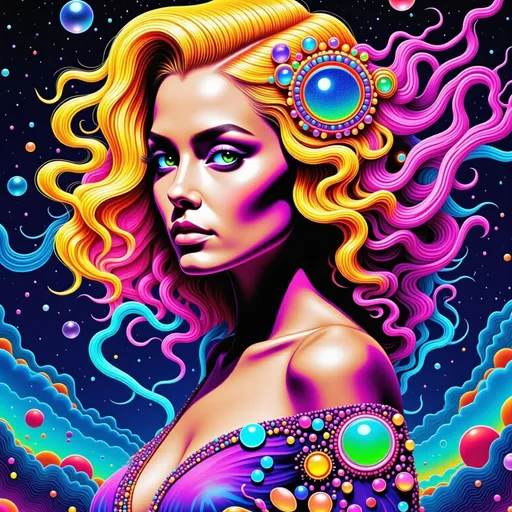 Prompt: 
A radiant Caucasian woman with untamed, spiraling blond curls that twist and morph into fractal patterns, glowing with vibrant, hallucinatory hues—electric blues, neon greens, and ultraviolet purples. Her hair becomes a living tapestry of sacred geometry and infinite mandalas, pulsating with the rhythm of a cosmic heartbeat. Her face is illuminated by a divine, otherworldly glow, her eyes reflecting hyperspace itself—swirling galaxies, alien landscapes, and shimmering, liquid lightforms. The background is an explosion of psychedelic ecstasy: a vortex of infinite dimensions, morphing with DMT-like intensity into crystalline patterns, organic tendrils, and cascading rivers of molten color. The scene feels alive, as if the boundaries between her and the universe dissolve, revealing the interconnectedness of all things. The atmosphere radiates transcendence, the merging of inner and outer realities, and the infinite possibilities of consciousness.
