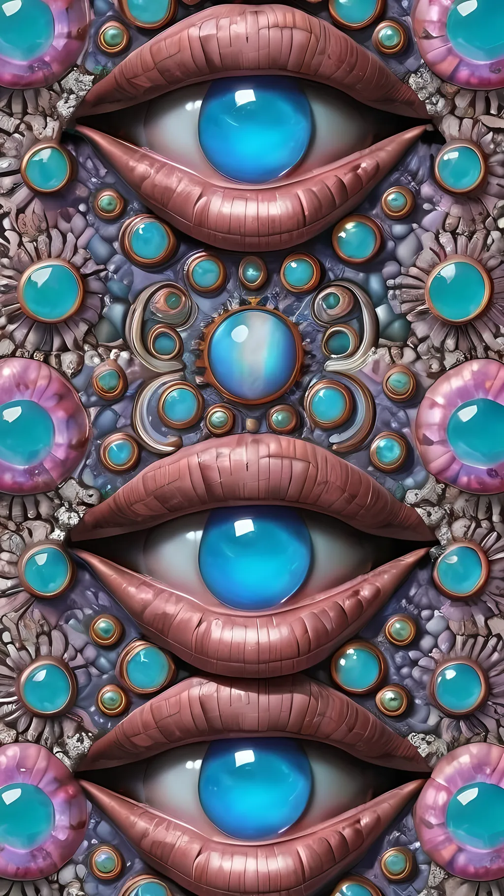 Prompt: Create an extremely hyper-realistic, ultra super textural, weird, trippy, surreal, psychedelic eyes/teeth/mouth pattern/design based on Mandelbrot & “Op Art tiling” with lots of human eyes (crazy colorful compound psychedelic), rows of human teeth, human lips, and tongues. 

- **Colors**: determined by the properties and expressions of the elements (& their isotopes), minerals, and metals: opal, moonstone, Kunzite, selenite, rose quartz, Platinum (Pt)

**Shapes and forms**
- Mandelbrot 
- "Op Art tiling" 
-other shapes determined by the natural properties and expressions of the elements (& their isotopes), minerals, metals, and biological organisms: opal, moonstone, Kunzite, selenite, rose quartz,  Platinum (Pt)


- **Textures**: Derived from any/all elements (& their isotopes), minerals, metals, crystals, organic things mentioned in this prompt: opal, moonstone, Kunzite, selenite, rose quartz, Platinum (Pt)

**Composition and Layout**:
- a pattern/design based on the Op Art tiling & Mandelbrot 

**Lighting**:
- lots of bright light
- Iridescence
- Aventurescence
- Chatoyancy
- Asterism

**Detail and Atmosphere**:
- Extreme hyperrealistic sharp high detail high definition organic and mineral textures
- Psychedelic, weird, odd, surreal atmosphere
- Frozen in time

**Additional Elements**:
- extra rows of teeth, lips, many eyes, Op Art tiling, Mandelbrot, Iridescence
