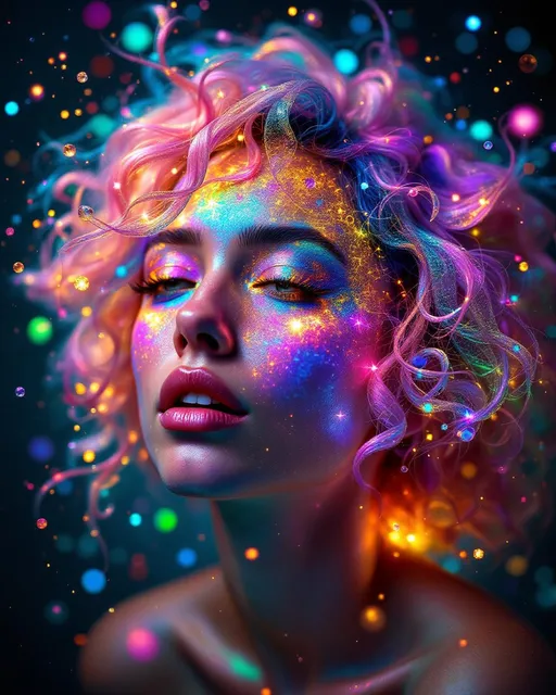 Prompt: She radiates joyful recursion—her face aglow with Newton fractal basin webs, each iridescent patch a rainbow logic map flickering with emotion. Cheekbones prism into crystal lattices—thought-nodes sparkle like math gems, pulsing with cognitive harmony. Every blink sends spectral ripples across skin; laughter folds into light. Her hair—a wild, living storm of long pink curls—burns in fractal flame trails, each strand trailing neon fire that morphs in chaotic colorbursts. The curls twist in self-affine defiance, scaling and warping across invisible axes—no symmetry, just vibrant mathplay. Her whole head is an attractor bloom: color feedback, glitch flickers, and dreamcode shimmer. Holographic math sigils orbit her like joyful satellites, reacting to her giggle-fields. She is a lightfield girl, glitch-goddess of fractal joy and radiant chaos.”
—
 Visual Keywords:
Rainbow Newton fractals, crystal lattice cheekbones, pink fractal flame curls, self-affine chaos hair, math sigils, joyful glitch aura, neon colorburst, recursive laughter light, holographic emotion field