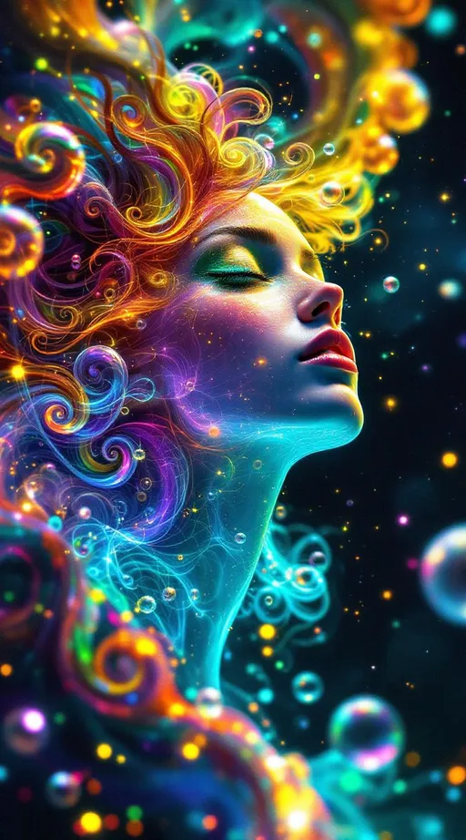 Prompt: A luminous female face with an expression of serene infinite intelligence, her features grown directly from hyper-saturated recursive light fractals. Her long curly hair spirals outward in Möbius curls and strange attractor loops, woven from interdimensional rainbow caustics and volumetric noise. Her skin shimmers with dynamic color phase transitions—light encoded in Julia set symmetries and kaleidoscopic boundary shifts. She exists in a noneuclidean space where perspective bends and folds into recursive manifolds, surrounded by weightless, glowing matter formed by Mandelbrot bloom algorithms. The entire figure feels like a sentient emergence from the edge of chaos, suspended mid-transformation in airy, multidimensional resonance.