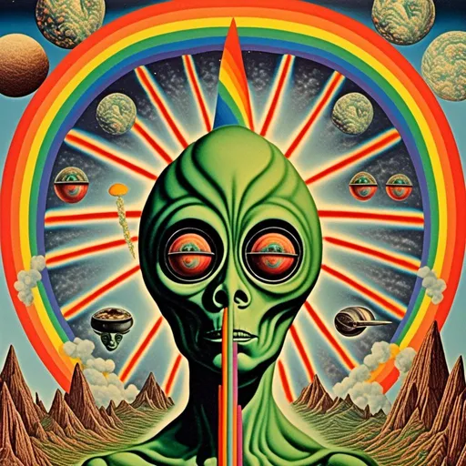 Prompt: A surreal vintage 70s psychedelic sci-fi collage involving- aliens, UFOs, cannabis, marijuana, aliens smoking reefer, aliens smoking weed out of a bong, spliced in with alien surreal landscapes, geometric shapes, optical illusions or trippy psychedelic patterns, planets and starts, rainbow spectrums<mymodel>