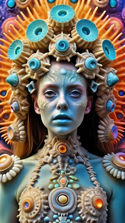 Prompt: Extremely hyperrealistic ultra textural trippy surreal beautiful but odd unsettling psychedelic creature- a psychedelic diatomaceous creature entity queen crown jewelry cape with lots of crazy psychedelic human compound eyes, rows upon rows of human teeth.  head, face, body, limbs, fungus, Mandelbrot, oil slick rainbow sheen effect, holographic, hologram, translucent, vivid colors white, tons and tons of light, bright pastel colors, Gyroid Structures. Diatoms: bacillariophyta, siliceous, valves, girdle bands, raphe, striae, puncta, areolae, costae, rimoportula, fultoportula, chloroplasts, auxospore, epitheca, hypotheca, mucilage, frustule symmetry, valve morphology, pennate diatoms, centric diatoms, motile, non-motile, biofilm, epiphytic, epilithic, epipsammic, biogenic silica, diatomaceous earth, primary producers, carbon fixation, biogeochemical cycles, diatom blooms, paleoecology, nanostructures, microalgae, environmental indicators, aquatic ecosystems. geometric, symmetrical, radial, bilateral, elongated, circular, triangular, oval, star-shaped, pennate, centric, intricate, lattice-like, perforated, silica, frustules, ornate, microscopic, diverse, varied, delicate, transparent, golden-brown, pillbox-shaped, chain-forming, solitary, colonial, planktonic, benthic,