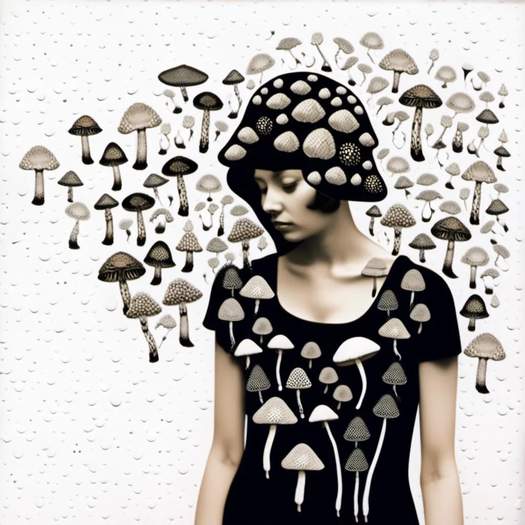 Prompt: a mixed media collage of a girl wearing or growing mushrooms/fungus as clothing body parts and accessories. She is a black and white or halftone photograph, the mushrooms and fungal growths are to be mixed media, including but not limited to paint, enamel, foils, glitter, sparkle, sequins, found objects, natural items, rhinestones etc <mymodel>