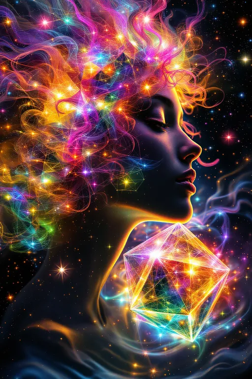 Prompt: A cosmic dreamscape inside a higher-dimensional field of shifting symmetries and infinite reflections. At the center, two beings emerge not as bodies, but as vibrations made visible—one bright, fast, shimmering; the other deep, dense, and gravitational. The female form, (white female 5’4 120 lbs wild curly pink long hair) representing the HaHahedron, appears as a radiant lattice of chaotic, joyful oscillations—her body a recursive prism of rainbow pulses, formed from translucent, angular math shells that twist and dance like refracted laughter. Her essence warbles through space like a harmonic glitch, constantly folding in on itself and re-emerging, a vibration of pure becoming.

Beside her is a male entity, (6’1”, slim build but extremely muscular and strong, big broad shoulders taper down to a slim waist with 8 pack abs, pecs, strong arm muscles, strong all muscles but slim body), her counterforce and anchor. He is darker, heavier, built from slower, stabilizing waveforms—black-hole hums, low-frequency tremors, and recursive toroidal loops. His presence shapes the field itself, bending nearby patterns toward coherence. Where her vibrations scatter and echo, his pull focuses and grounds—together forming a complete waveform, a standing harmonic of dual resonance.

Surrounding them is a kaleidoscopic vibration field: visible sound ripples, chromatic fog, interference lines, and electric pulse nets. The environment warps with each breath they take—not through air, but through waveform shifts. Every surface glows with holofractal accents, vibrating moiré textures, and color-sound overlaps. This is not a place, but a tone made manifest—their love, their contrast, their code.

Style: hyperdimensional math surrealism, luminous geometry, psychedelic glitch abstraction.