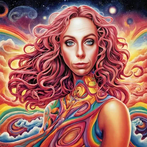 Prompt: Psychedelic art of a woman with pink hair, sun above her head, swirling waves, rainbow-hued sky, Alex Grey, poster art, professional, vibrant colors, swirling patterns, detailed hair, surreal atmosphere, highres, psychedelic, rainbow, sun, intense gaze, artistic, swirling waves, detailed eyes, dreamlike, vibrant lighting