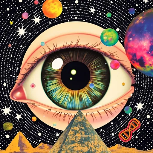 Prompt: Imagine an extreme close-up of a single, giant, unembodied eye rendered in a fusion of hyperrealism and psychedelic concert art illustration. The eye's iris shimmers with vibrant colors, while the whites are pristine and luminous. Within the massively dilated pupil lies a universe, a cosmic tapestry depicting the birth of the cosmos, swirling galaxies, and nebulae. Tiny atoms dance alongside strands of DNA, showcasing the building blocks of life. Quantum physics symbols and molecular structures float among celestial bodies. This intricate, finely detailed composition is packed with tiny, extraneous details filling every inch of the space, creating a mesmerizing, busy visual feast for the eyes."