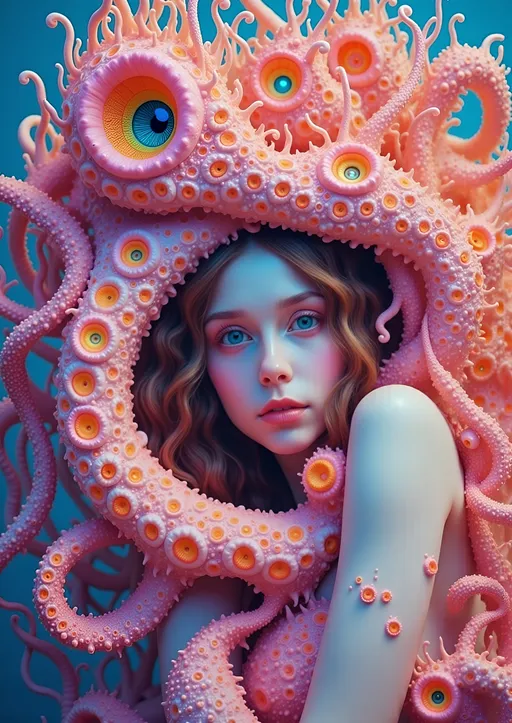 Prompt: Create an enchanting and surreal landscape featuring slime molds at various stages of reproduction, magnified to a macro scale that reveals their intricate beauty. The scene is a kaleidoscope of vibrant pastel pinks, oranges, and aquamarine blues, echoing a retro psychedelic aesthetic. Nestled within this organic tapestry is a caucasian slim woman with long wild pink very curly hair and blue eyes, her form subtly integrated into the landscape, as if she is part of the natural cycle. Her eyes, a striking blue, gaze out from amidst the undulating forms of the slime molds, which twist and coil around her like living jewelry.

The style is reminiscent of a combination of Ernst Haeckel's scientific illustrations and the psychedelic art movement, with a focus on hyper-realistic detailing that captures the delicate textures and translucent qualities of the slime molds. The medium appears to be a digital painting, with a high level of detail that brings the surreal forms to life. The mood is otherworldly and contemplative, inviting viewers to explore the hidden beauty of these often-overlooked organisms. The lighting is soft and ethereal, casting gentle highlights and shadows that enhance the organic forms and create a sense of depth. The outlines are fluid and organic, blending seamlessly into the background, creating a harmonious and immersive scene.