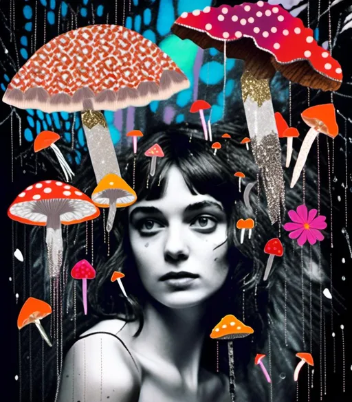 Prompt: <mymodel>Mixed media collage of a fungus fairy girl in the rain, mushroom umbrella, black and white and color photography, paint, glitter, sequins, metal, magazines, glass, unique textures, ethereal atmosphere, high quality, whimsical, surreal, fairy, mushroom umbrella, mixed media, collage, fungus girl, rain, unique textures, ethereal, surreal, magical, detailed wings, sparkling details