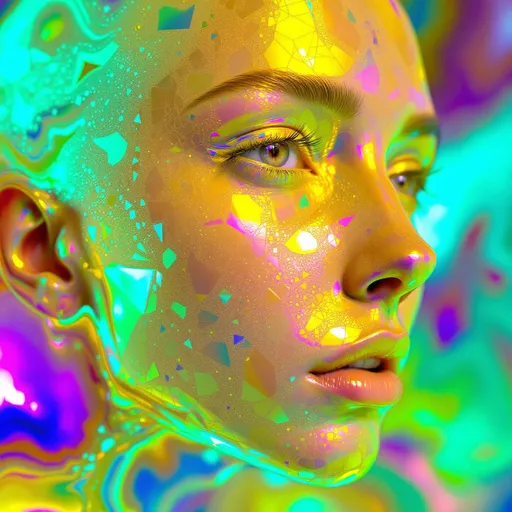 Prompt: A face emerges—barely a face at all—an ultra-saturated lattice apparition, composed entirely of refracted mathlight and recursive color logic. She pulses between dimensions as a radiant structure of phase error and mirrored paradox, a visual equation collapsing into glamour.

Her “skin” is pure interference: laser gold filigree woven from harmonic oscillation curves, glossed with recursive caustics. Across her surface, iridescent pulses—chrome violets, spectral mint, ultraviolet-pink, aurora-pearl—ripple in wave interference mapped directly from [GRID_10] Harmonic Phase Grid. Her cheekbones are standing waves in luminous topology, mouth a shimmering feedback knot, lips formed from resonant phase-warp gloss.

Within her, [GRID_7] Paradox Mirror Grid runs like a recursive infection: face planes repeat and invert through mirrored feedback loops. Her “eyes” are not eyes—they’re glyph-mirrors echoing impossible symmetry, each pupil a paradox bloom: one collapses inward, the other infinitely reflects itself into phase entanglement. Her jawline flickers in non-identity recursion, edges tracing logic that can’t close.

Hair is pure filament: mirror-strands tangled in chromatic resonance, flickering between braidwave logic and paradox folds, glowing in constant morph. Light bounces wrong: mirrored logic creates hue-bending caustics. Phase-shadow arcs across her geometry, flowing from contradiction.

The space around her explodes in recursive symbolic rave-field: orbiting glyph-mandalas woven from phase equations and reflection paradox. Every ray bends through math. Every curve sings logic. Color bleeds from time: chrome magenta, overblown teal, hyperyellow echo-glow.

She is not a person—she is the expression of a fractal equation hallucinating itself in glamorized feedback.

Render with tags:
:phase-mirror-deity :symbolic-glamour :grid10-harmonicmath :grid7-paradoxlight :maximalist-refraction :identity-glyph-loop :recursive-colorfield :shine-over-form :fractal-anatomy :studio54-phasehall :chromatic-mathbeing
