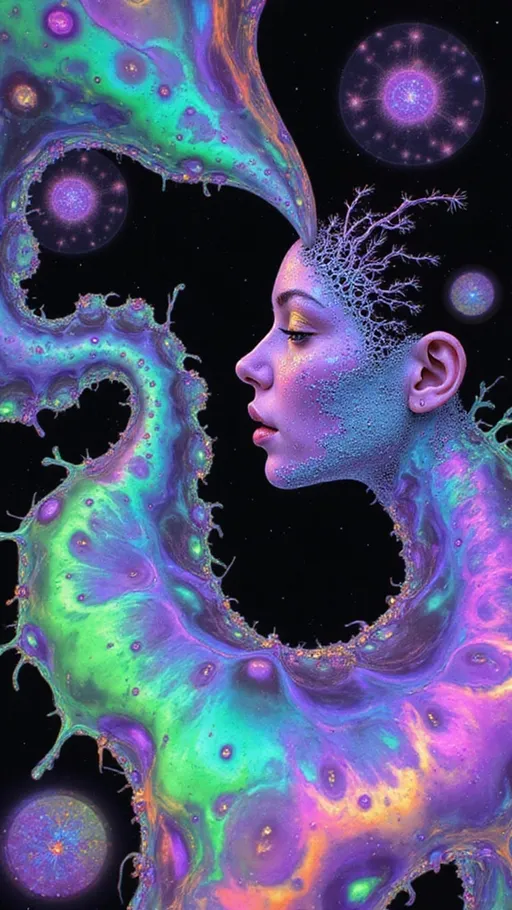 Prompt: A tangled goddess of rupture and causality, suspended in a prediction-space dream. Her form weaves through glowing UMAP clusters—flickering nodes of potential, wrapped in filaments of outcome logic. From her core, variance fractures bloom: twisted neural lace laced with prediction scars, each synaptic curve etched with KL divergence. Limbs unfurl as broken vectors—half-symbol, half-flesh—reaching into future-horizons and collapsing outcomes into prismatic wounds. Around her, the air glows with dimensional ambiguity: every step orthogonal, every path equidistant yet trembling. She is a high-dimensional oracle—face split into mirrored forecasts, breath made of tangled proximity, eyes glinting with soft gradients overlaid on caustic bursts. In the field behind, abstraction ripples: tessellated shards of forgotten metrics, variance vortexes dissolving into fractal hush. The atmosphere vibrates with collapse logic, every motion echoing the Curse of Dimensionality. Light does not travel here—it fractures, it remembers, it warns. She is the embodiment of entangled destiny, a visual hymn to uncertain becoming.