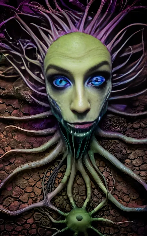 Prompt: Extreme psychedelic hyperrealism- Super high definition ultra textural floral entity psychedelic hallucination surrealism, psychedelic alien flower creature, detailed, highres, intense colors, eerie lighting, bizarre features, unsettling atmosphere, otherworldly, distorted proportions, mind-bending, dreamlike, abstract,, organic textures