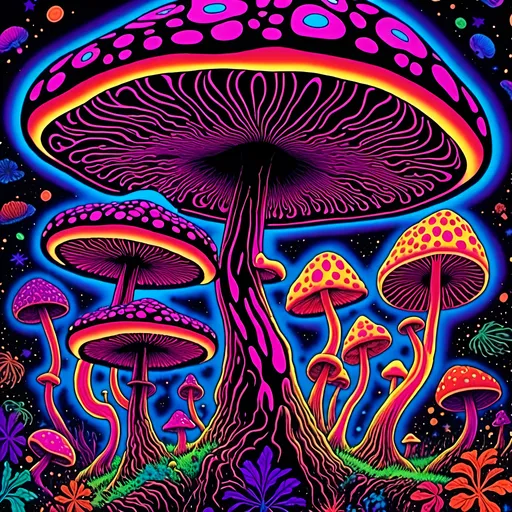 Prompt: <mymodel>Psychedelic psilocybin's cubensis mushrooms, 70s black light poster, vibrant colors, hallucinatory fractals, trippy atmosphere, intense psychedelic experience, glowing mushrooms, surreal, vibrant, high quality, detailed illustration, black light style, psychedelic, hallucinations, colorful, fractals, vibrant colors, intense lighting