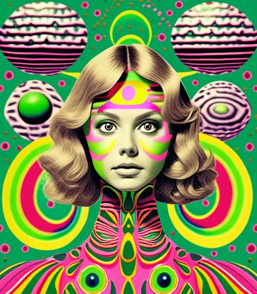 Prompt: A trippy vintage 70s psychedelic sci-fi analog cut and paste collage of a girl with long blond curly hair and UFOs, aliens, extraterrestrial little green men, alien grey, optical illusions/psychedelic patterns/alien A trippy vintage 70s psychedelic sci-fi analog cut and paste collage of a girl with long blond curly hair and UFOs, aliens, extraterrestrial little green men, alien grey, optical illusions/psychedelic patterns/alien <mymodel>psychedelic landscapes,space scenes, asteroids, ufo, greet, orange, hot pink, black, white