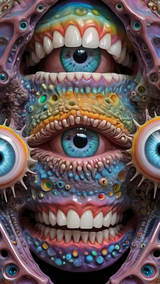 Prompt: an extremely hyper realistic ultra super textural weird trippy surreal psychedelic entity, enneper sufaces, apollonian gaskets, catenoids, white, translucent, clear, bright bright pastel colors, oil slick rainbow sheen effect, lots and lots of light, lots of crazy colorful compound psychedelic human eyes, rows of human teeth, fungus, atoms, diatoms, enneper sufaces, apollonian gaskets, catenoids, 