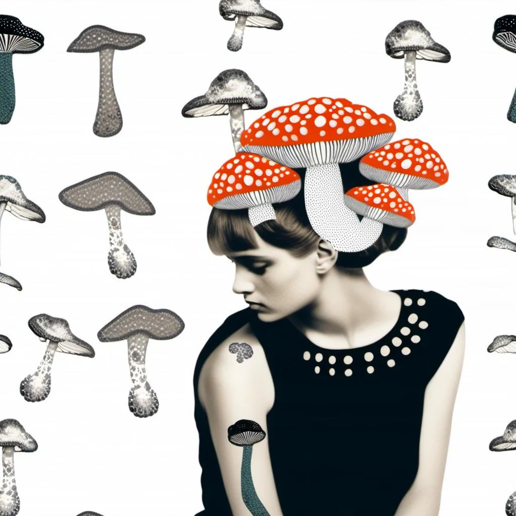 Prompt: a mixed media collage of a girl wearing or growing mushrooms/fungus as clothing body parts and accessories. She is a black and white or halftone photograph, the mushrooms and fungal growths are to be mixed media, including but not limited to paint, enamel, foils, glitter, sparkle, sequins, found objects, natural items, rhinestones etc <mymodel>