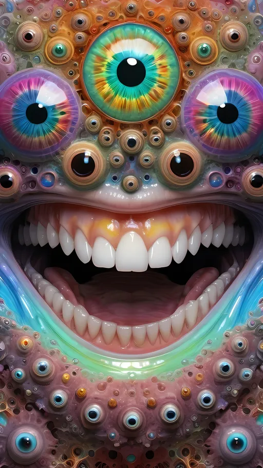 Prompt: an extremely hyper realistic ultra super textural weird trippy surreal psychedelic entity, Lyapunov Fractals, apollonian gaskets, catenoids, white, translucent, clear, bright bright pastel colors, oil slick rainbow sheen effect, lots and lots of light, lots of crazy colorful compound psychedelic human eyes, rows of human teeth, fungus, atoms, diatoms, enneper sufaces, apollonian gaskets, Lyapunov Fractals 