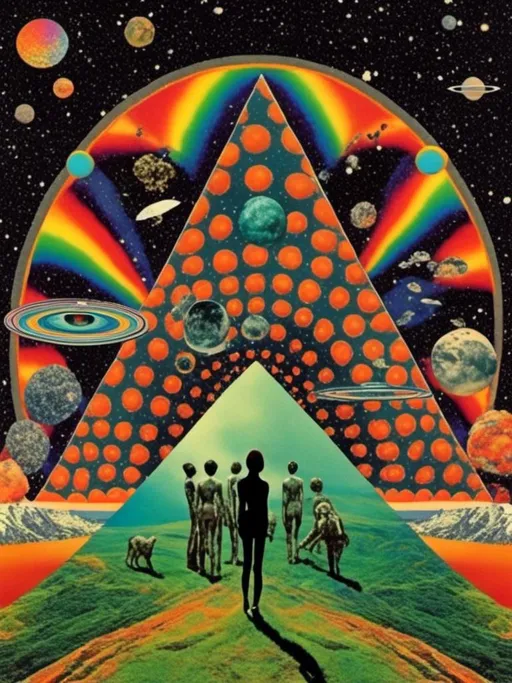 Prompt: <mymodel> Vintage 70s psychedelic surreal sci-fi Collage, analog, cut & paste, outer space, rainbows, spectrum, optical illusions/trippy patterns, surreal alien landscapes, UFOs, « little green men », psilocybin mushrooms, geometric shapes , planets, orbs, black night sky with stars, in the center, cats, 