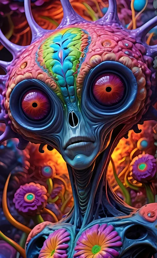 Prompt: Extreme psychedelic hyperrealism- Super high definition ultra textural floral entity psychedelic hallucination surrealism, psychedelic alien flower creature, detailed, highres, intense colors, eerie lighting, bizarre features, unsettling atmosphere, otherworldly, distorted proportions, mind-bending, dreamlike, abstract,, organic textures