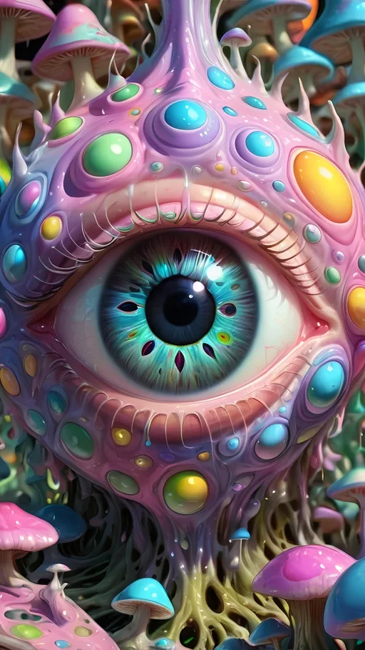 Prompt: Psychedelic, alien psychedelic eyes, weird, surreal, bizarre, ineffable, entity, numinous, lots of crazy weird inhuman psychedelic trippy eyes, melting, trippy, reality breaking down, hallucinations, drippy, dissolutionment, blobs,atoms, electrons, mushrooms, fractals, multidimensional, oozing, hyper cubes, geometry, fractals, third eye, big eyes, small eyes, crazy pupils, pastel colors,psychedelic hyper realism, ultra high resolution, surreal, digital art, intense lighting, bright pastel hues, abstract, confusing, looking at you, ultra detailed textures