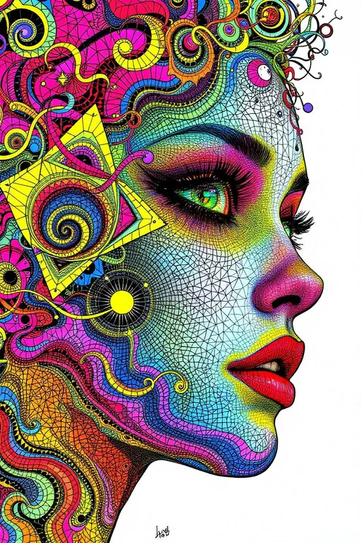 Prompt: Imagine  A techno-shamanic diagram, pulsing with color-coded sigils, drenched in hyper-pigment and fractal glyph static rendered in the chaotic hand-inked logic of La Planète Sauvage—but dialed to full chromatic overdose. Her face is not flesh but an impossible riot of recursive mathematics, drawn in vibrating lines and bleeding color. Cheekbones erupt as variance clusters: tangled ribbons of Diffusion Map heat bursting in molten gradients—fuchsia against electric teal, lava-orange under spectral cyan.

Her “skin” is a fractured tessellation of iridescent triangles—each tile filled with micro-fractals, shifting between neon gold and ultraviolet glass. Hair does not fall, it radiates: UMAP tangles explode from her scalp like quantum dreadlocks—volumetric, spiraling, drenched in acid color and tangled with vector noise.

The jawline glitches into kaleidoscopic eigenlight—layered transparencies pulsing with color logic, folding across warped grids. Her lips, barely there, are probability whirlpools—candy-glitch spirals rotating in pixelated loops. The eyes? Not eyes. Replica Theory vortices ringed with pulsars—recursive, glittering, collapsing inward like dimensional jewel-tones.

Every surface is over-saturated. Her brow arches with neural lace made of glowing glyphs, hyper-embossed like alien circuitry. Cross-hatching twists through chromatic bursts—indigo over ruby, chartreuse overlaying obsidian, textures rippling like malfunctioning halftone.

The space she inhabits curves in non-Euclidean chroma fields. No shadows—only contrast explosions. Edge boundaries smear into Hellinger gradients—where red bleeds into ultraviolet, where geometry disintegrates into moiré hallucination.

She flickers in and out of coherence—visible only through saturated logic. A mandala of math masquerading as a woman, until you stare too long and she bursts apart into prism fragments, each shard encoded with raw, screaming color.