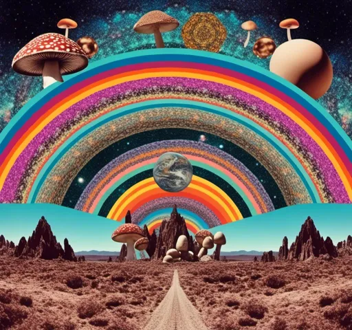 Prompt: <mymodel>surreal Psychedelic collage of spliced photographs, mushrooms, crystals, alien landscapes, desert landscapes, mountain landscapes, space, planets, orbs, psychedelic patterns, geometric shapes, optical illusions, highres, ultra-detailed, surreal, psychedelic, vibrant colors, cosmic, intricate details, surrealistic, dreamy lighting